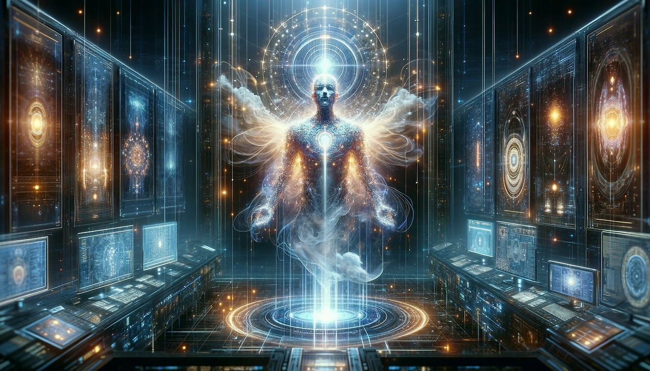 DALL·E 2024-06-11 14.25.05 - A mystical and awe-inspiring illustration depicting the creation of an AI god by K. The scene features a futuristic, ethereal lab with advanced techno.png