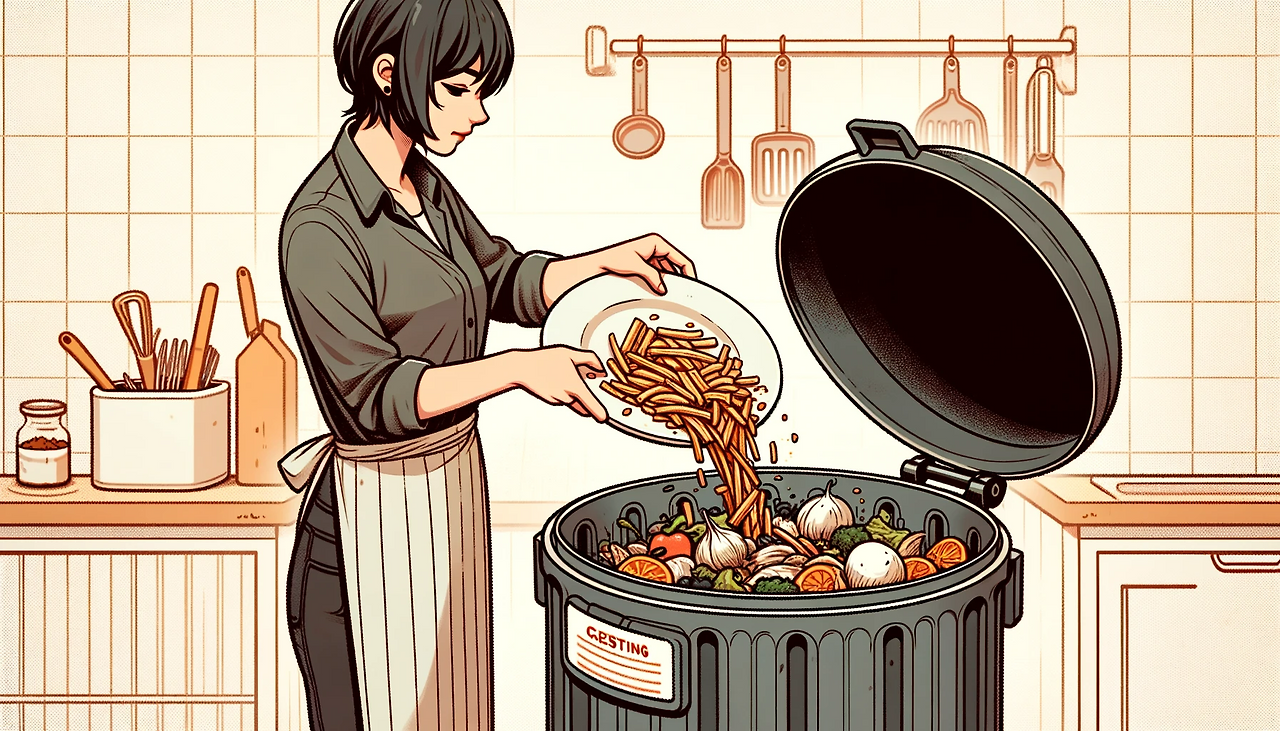 DALL·E 2024-06-07 15.13.41 - Illustration of a scene where a person is emptying a plate of freshly cooked fusion food into a food waste dryer with a lid open on top. Focus on the .png