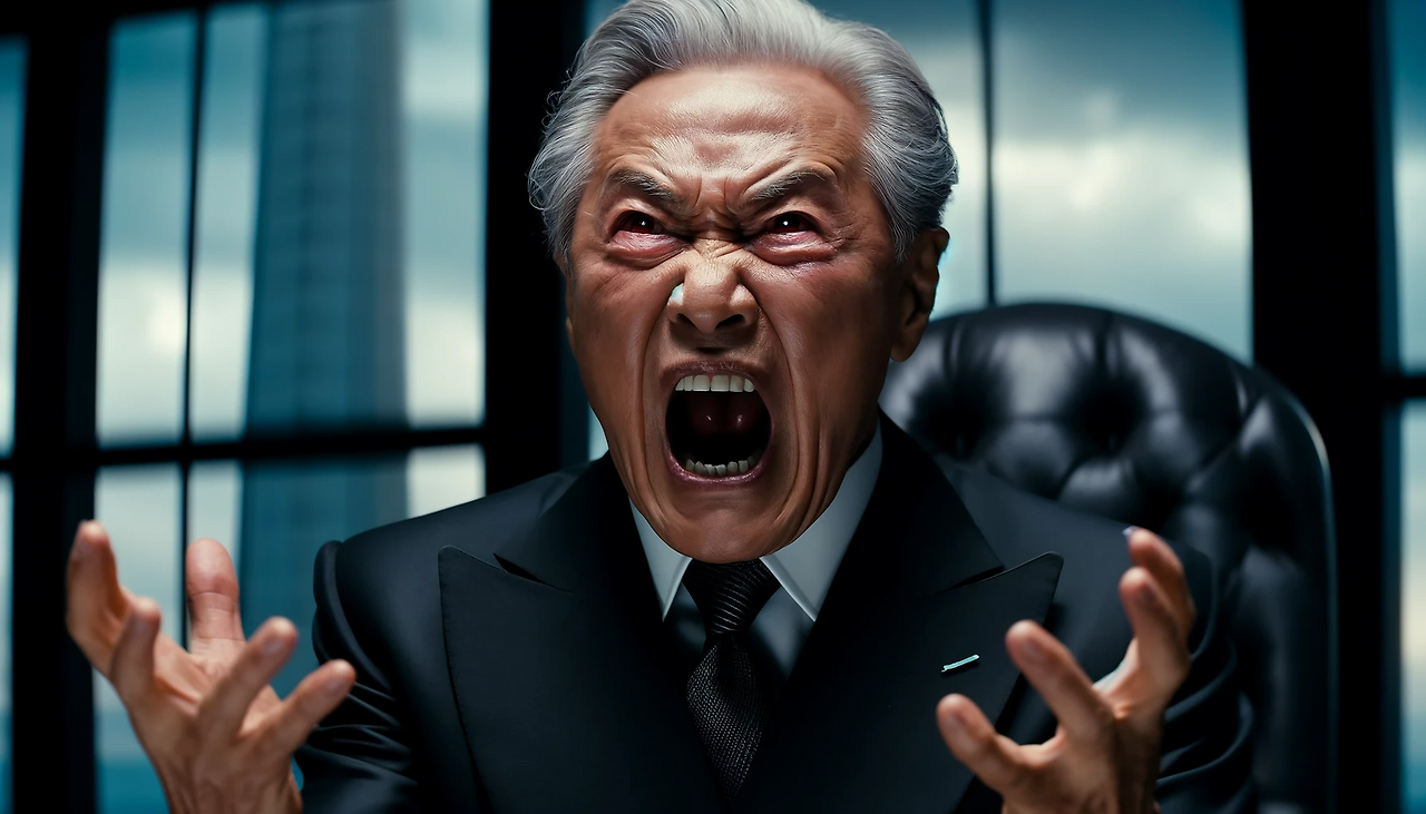 DALL·E 2024-06-12 10.49.47 - A scene depicting Chairman Kang-min in a fit of rage, passionately speaking with intense emotion. He is an elderly man in his 80s, dressed in a black .png