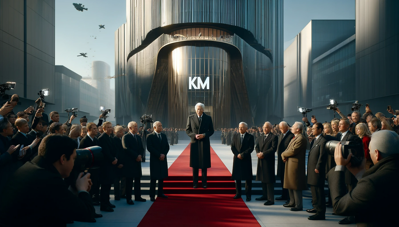 DALL·E 2024-06-12 09.26.51 - A scene in front of a modern, ultra-modern building with a sign reading 'KM' displayed prominently. In front of the building, an elderly chairman in h.png