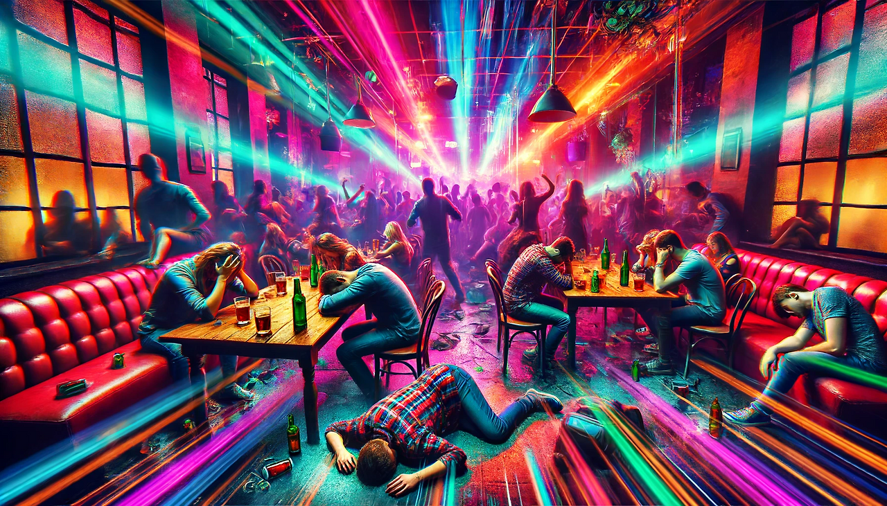 DALL·E 2024-06-17 12.19.09 - A vibrant nightclub scene with loud music blasting from the speakers, creating an intense atmosphere. The club is filled with people, some of whom are.png