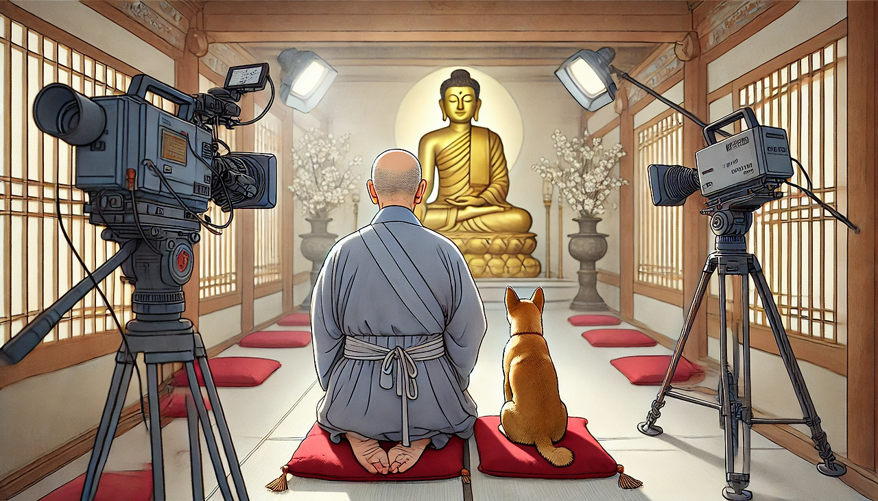 DALL·E 2024-06-24 12.57.49 - A close-up illustration of the backs of the older monk Pyunjae and a young Jindo dog, both seated on red cushions inside a small, narrow Korean temple.png