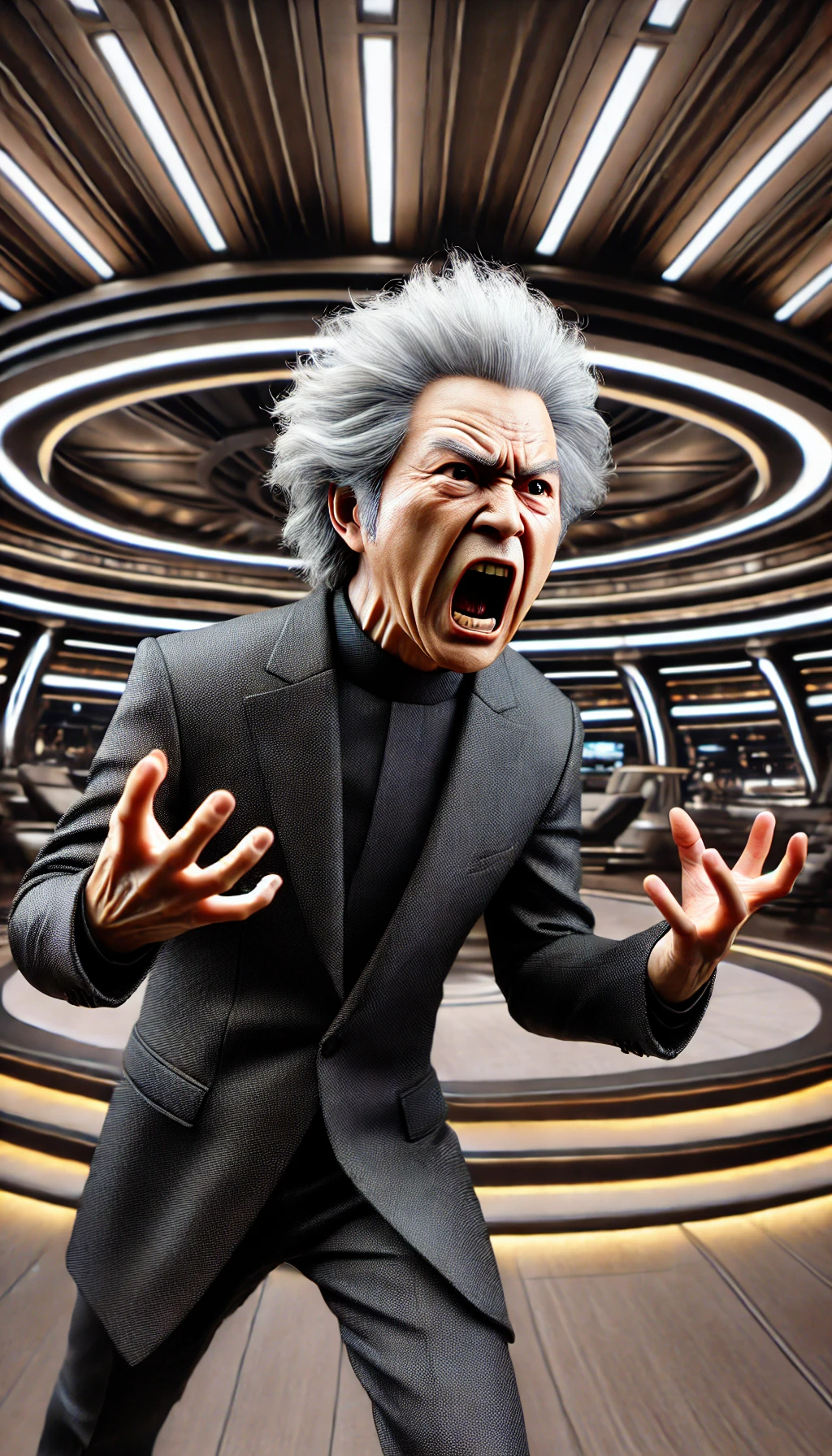 DALL·E 2024-06-21 10.20.30 - A detailed, realistic depiction of Jo Woo-jin, an elderly Korean man with a head full of white hair, angrily yelling. He is dressed in a black suit an.png
