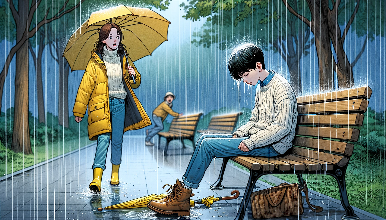 DALL·E 2024-06-08 11.20.30 - In a park, a 9-year-old boy named Jungwoo is sitting on a bench in the rain, leaning against the bench and appearing unconscious. He is drenched, with.png