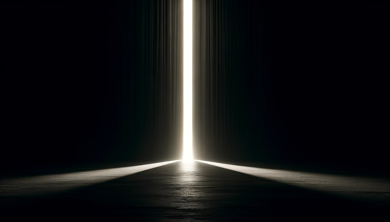 DALL·E 2024-06-11 12.50.06 - A scene where the darkness is split vertically by a single, sharp beam of light coming from the center of a wall. The wall in the darkness is being cu.png