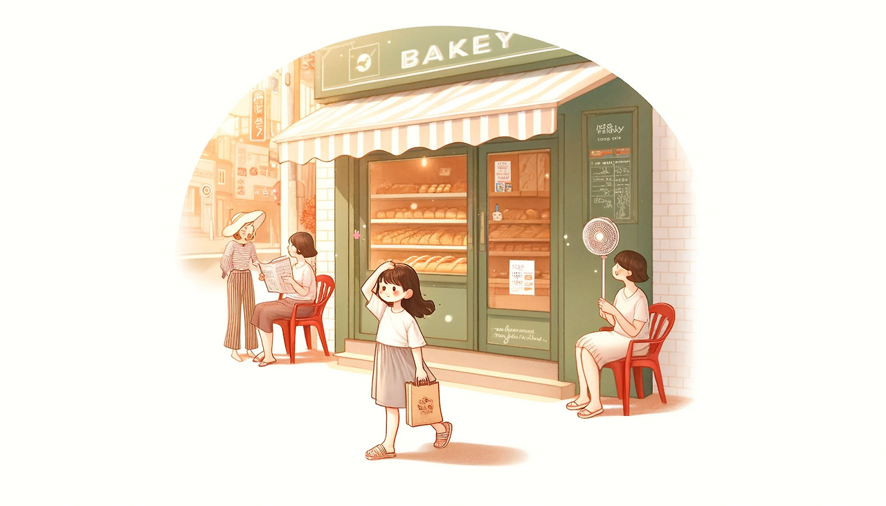 DALL·E 2024-06-08 10.38.43 - An illustration of a 9-year-old girl named Jinhee coming out of a bakery holding a paper bag of bread, in a style similar to the provided image. The s.png