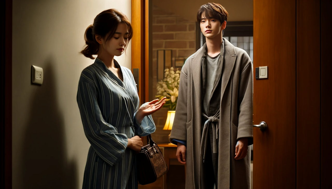 DALL·E 2024-06-10 23.16.47 - Youngjin arrives home unexpectedly from his assignment in the USA, and his wife greets him with indifference, as if he just returned from a regular da.png