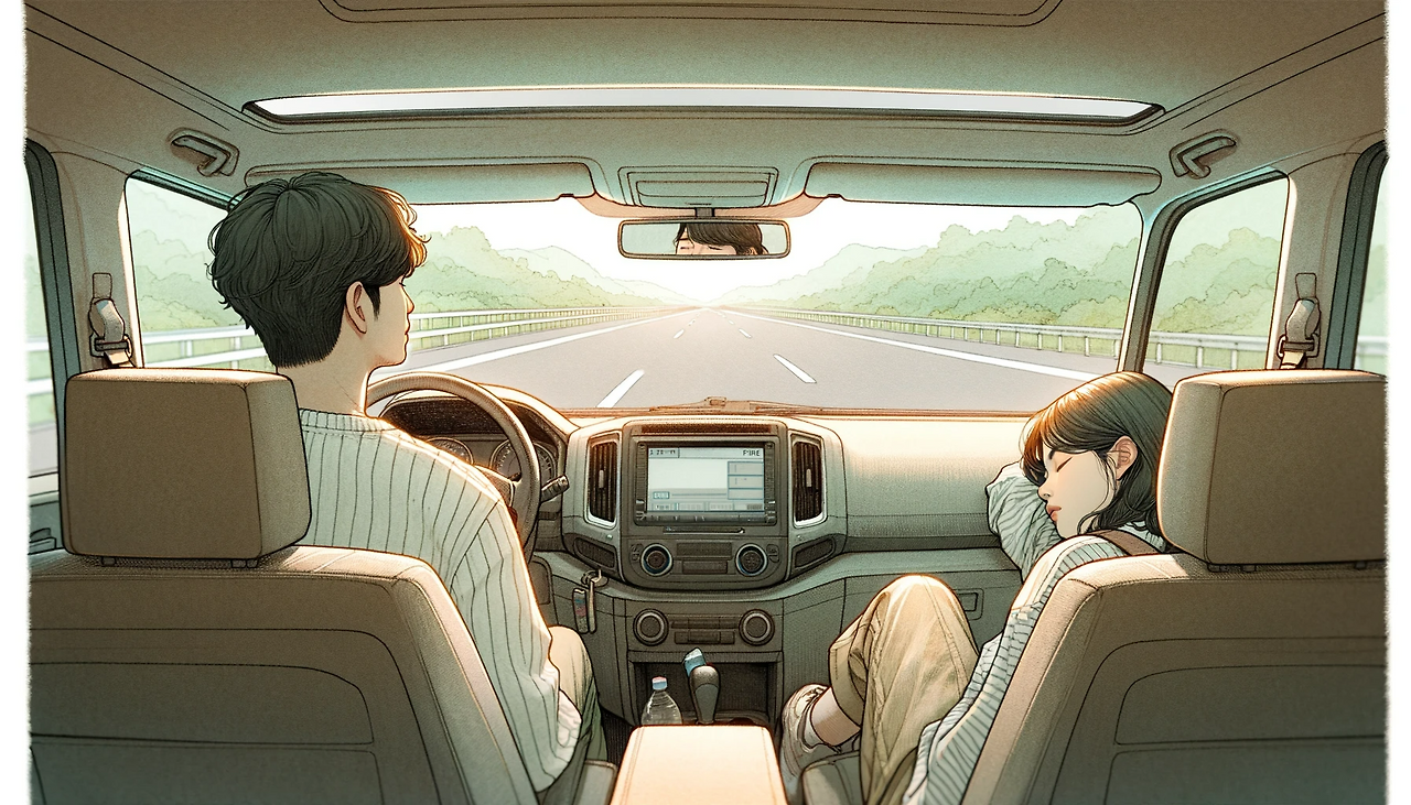 DALL·E 2024-06-08 17.01.25 - A serene scene inside a car during a road trip. Ife is driving the car, looking focused on the road ahead. In the passenger seat, Jinhee is asleep, re.png