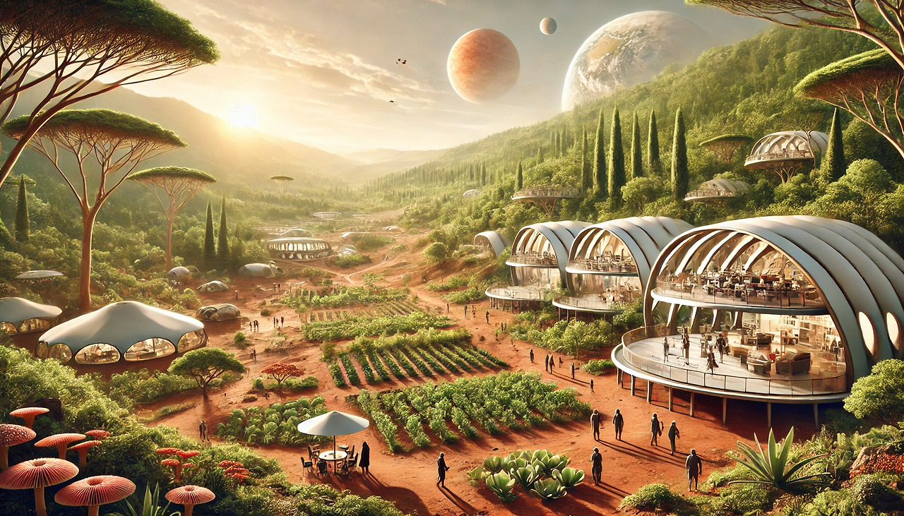 DALL·E 2024-06-21 10.10.58 - A scene depicting Mars that has been terraformed to resemble Earth's environment. The landscape includes lush greenery, forests, and a variety of flor.png