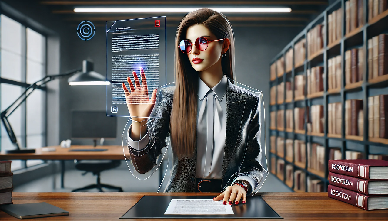 DALL·E 2024-06-16 22.30.05 - In a sleek and professional office environment with advanced technology and no paper books, the female editor-in-chief of Booktizan Publishing, a beau.png