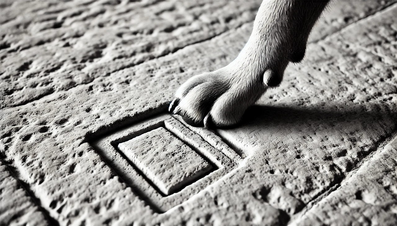 DALL·E 2024-06-25 12.34.25 - An illustration of a dog using its right front paw to carve a square into a stone floor. The focus is on the dog's paw and the square being carved int.png
