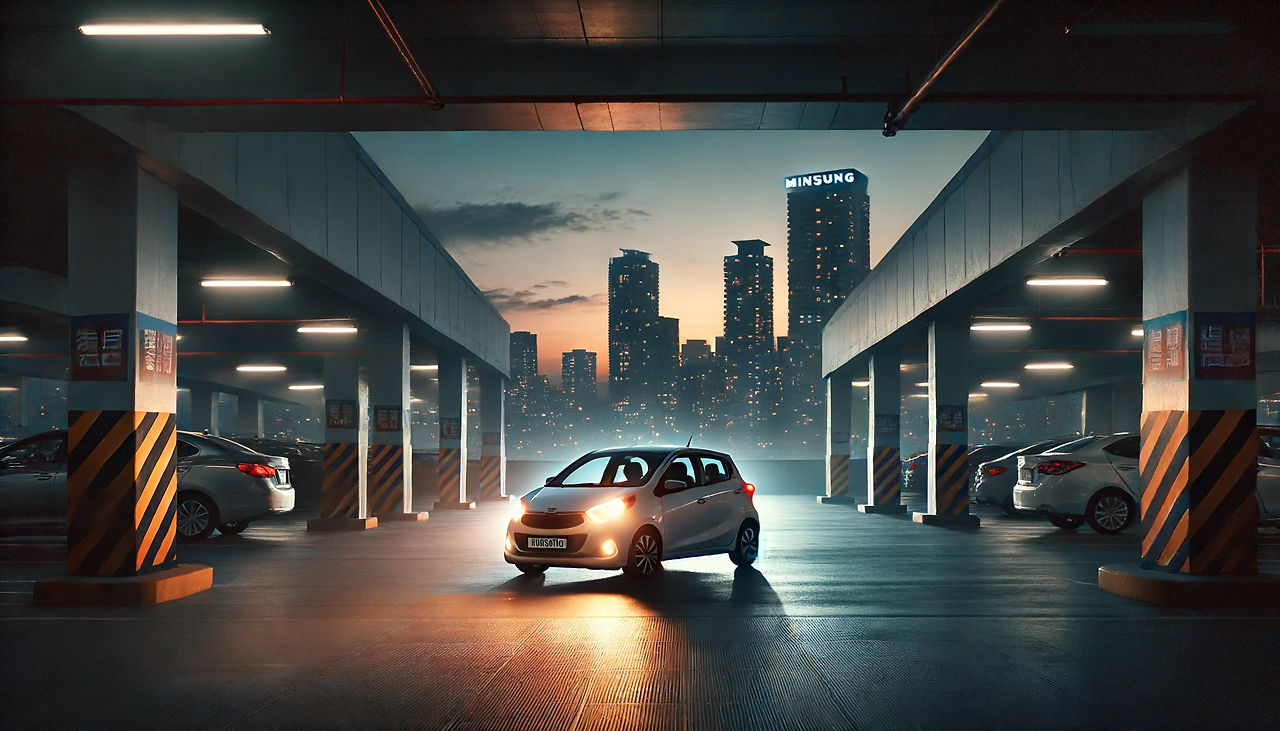 DALL·E 2024-06-18 12.07.10 - A white compact car driven by Minsung is leaving an underground parking lot. The car is illuminated by the dim lights of the parking area, with no oth.png
