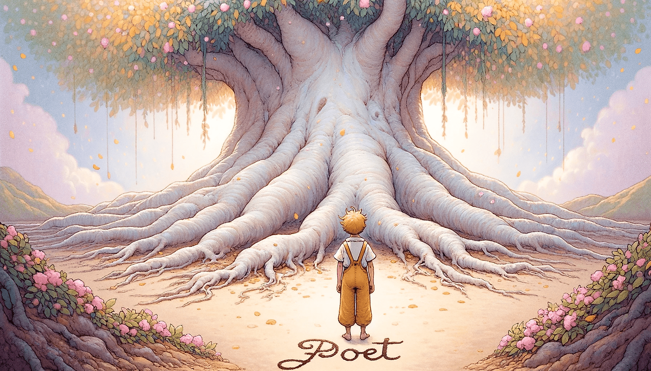 DALL·E 2024-06-04 14.10.15 - In the style of The Little Prince, an illustration showing the base of a huge, magical tree with immense roots. The tree is so large that the protag.png