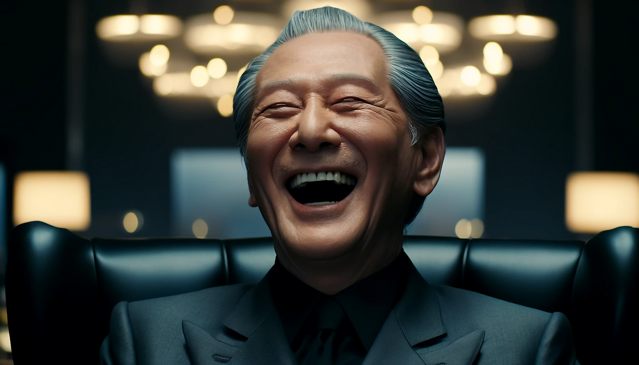 DALL·E 2024-06-12 10.45.48 - A scene depicting Chairman Kang-min laughing uproariously, reflecting both amusement and a hint of malice. His face shows signs of an old man in his 8.png
