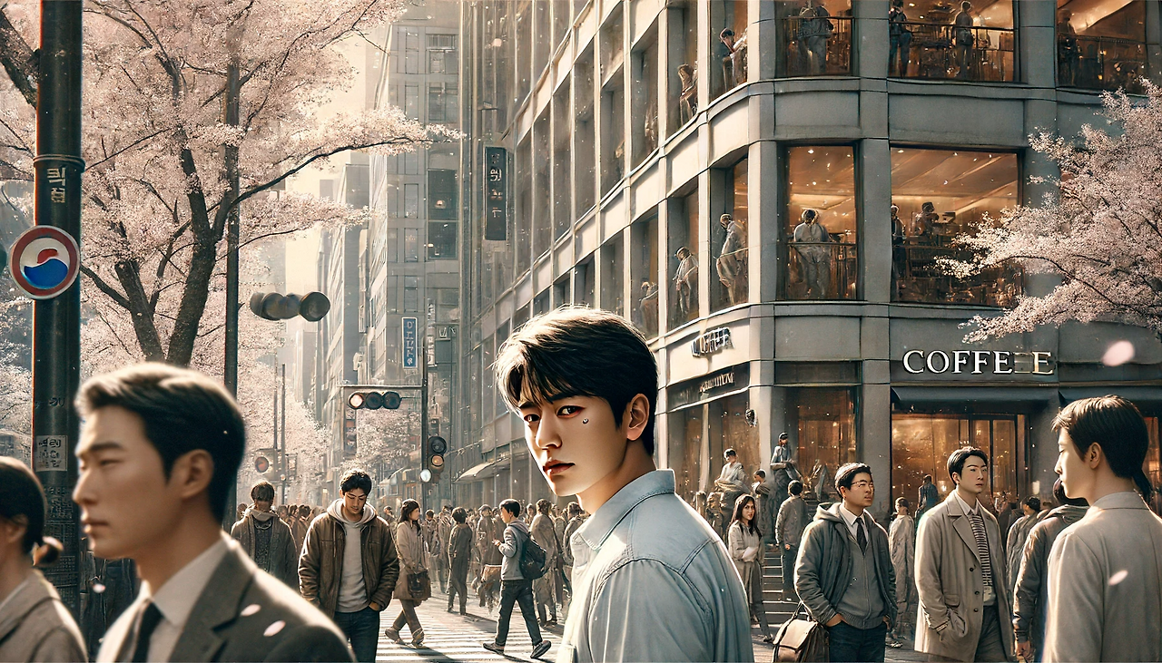 DALL·E 2024-06-16 21.56.31 - In a bustling street in April, under the harsh sunlight after the cherry blossoms have fallen, people are sweating and brushing past each other. Minse.png