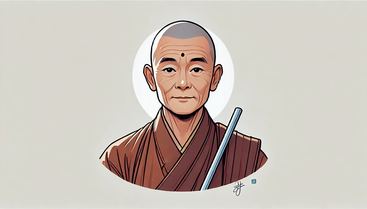 DALL·E 2024-06-23 21.33.01 - An illustration in the style of 'The Little Prince,' featuring a 60-year-old Korean monk named Pyunjae. The monk has short hair typical of traditional.png