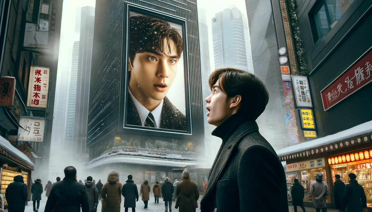 DALL·E 2024-06-12 10.30.13 - A bustling urban scene in a city with high-rise commercial buildings. On one of the buildings, there is a giant TV screen displaying a close-up of You.png