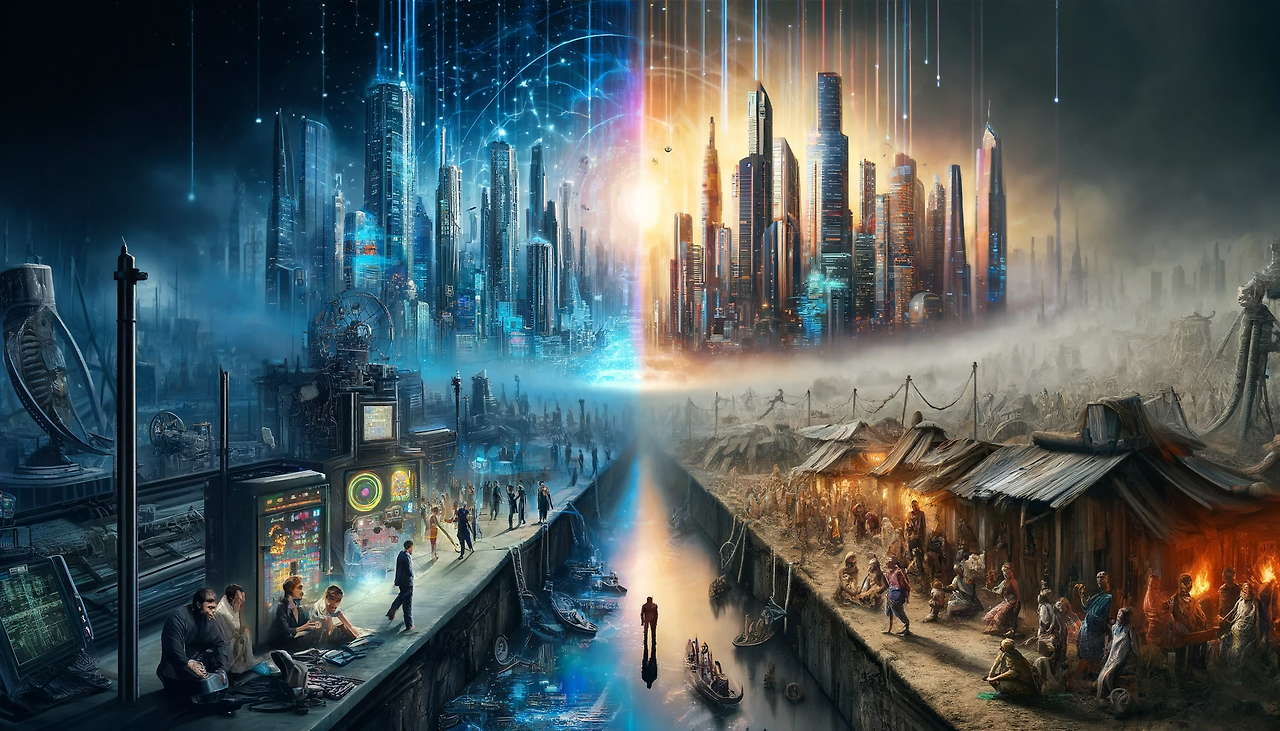 DALL·E 2024-06-11 14.54.05 - A contrasting scene illustrating the advanced technological civilization and the marginalized people. On one side, there is a depiction of a futuristi.png