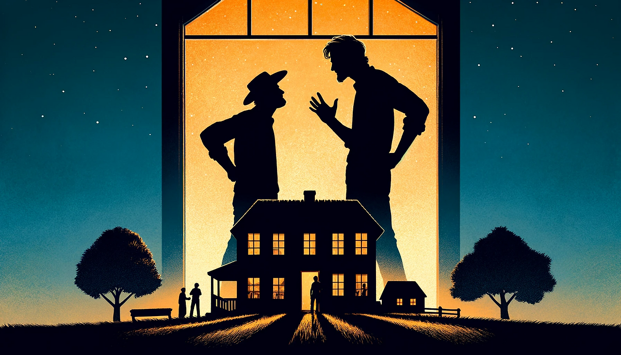 DALL·E 2024-06-06 12.15.48 - Illustration for page 67 of a book, focusing solely on the silhouettes of an elderly rural father and his taller adult son from the city, arguing insi.png