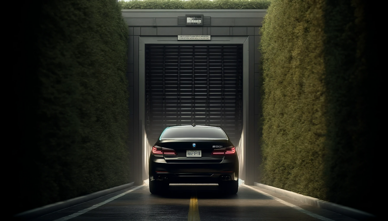 DALL·E 2024-06-11 11.00.21 - A black BMW 530i sedan is shown from the rear, parked in front of a low, 1-story building resembling a mechanical parking structure. The building is a.png