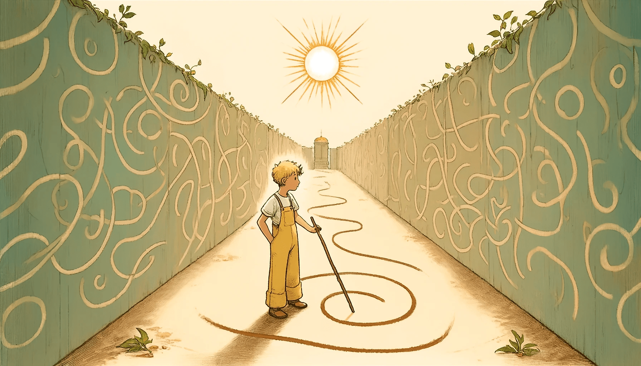 DALL·E 2024-06-04 13.17.04 - In the style of The Little Prince, an illustration showing a dirt ground with a single slightly wavy straight line drawn on it. The protagonists st.png
