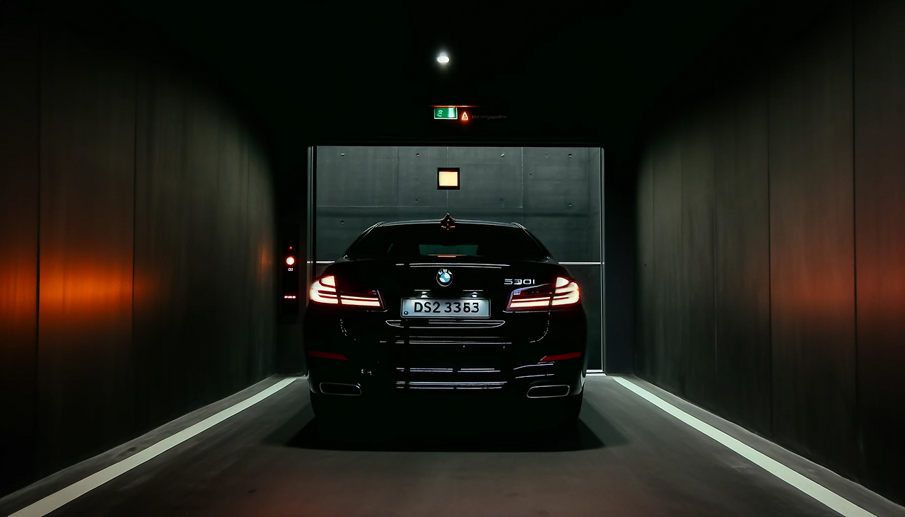 DALL·E 2024-06-11 11.30.12 - A black BMW 530i sedan is shown inside a closed, elevator-like space. The space is very dark with only a small orange emergency light dimly lit on the.png