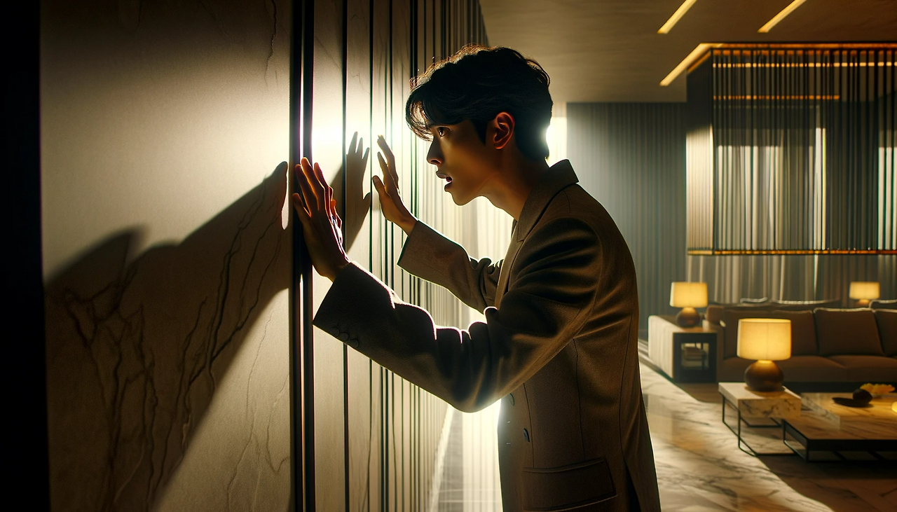 DALL·E 2024-06-11 15.42.50 - A scene showing Yeong-jin standing in front of a wall, knocking on it and calling out for Mimi. His expression is filled with urgency and distress. Th.png