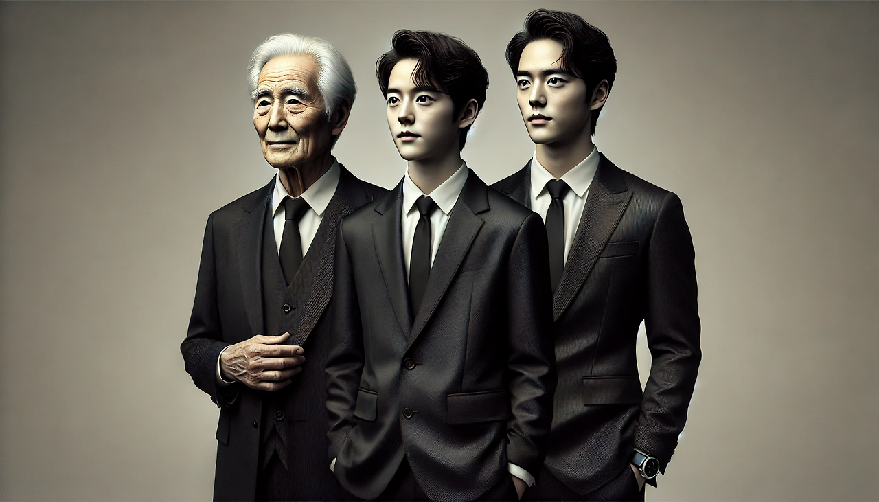 DALL·E 2024-06-21 10.25.21 - A depiction of three men standing side by side_ an elderly Jo Woo-jin, a young Minseong, and a clone of Minseong. All three are dressed in black suits.png
