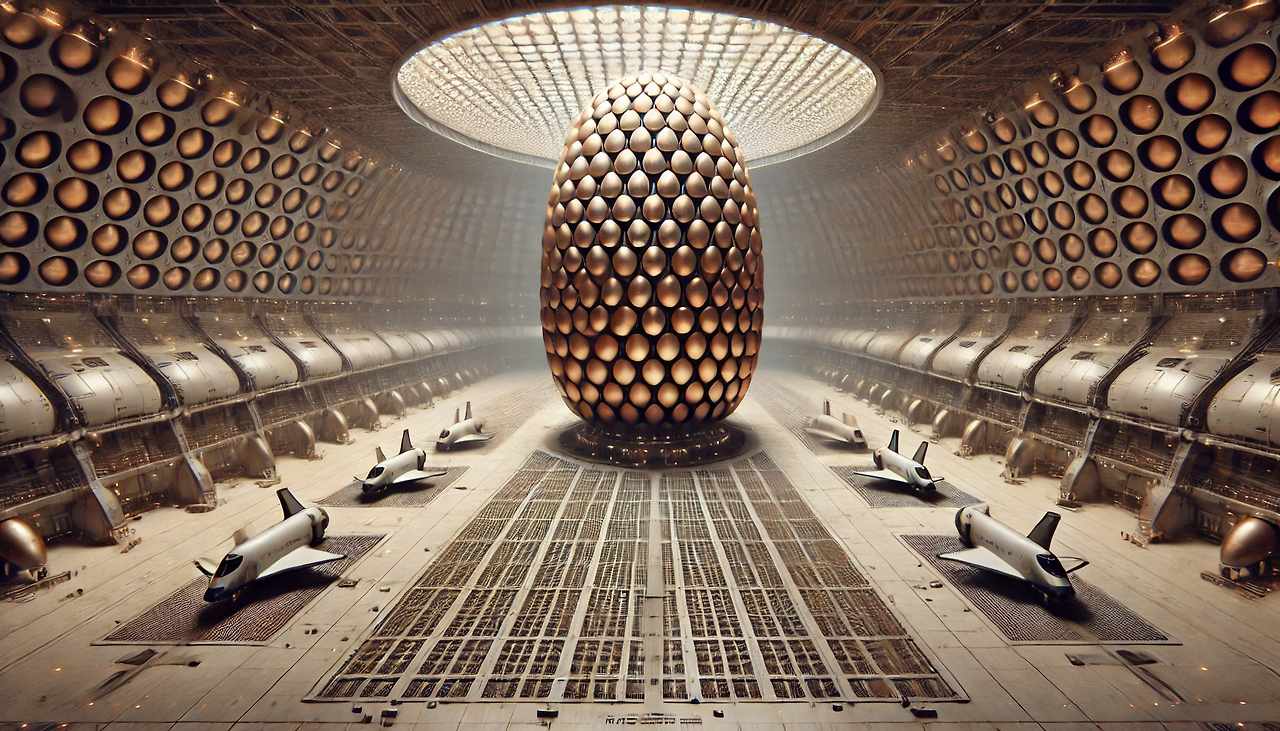 DALL·E 2024-06-21 09.31.47 - In the center of a vast, empty underground plaza, there is a 15-story egg-shaped tower with densely packed copper-colored egg-shaped cells on each flo.png