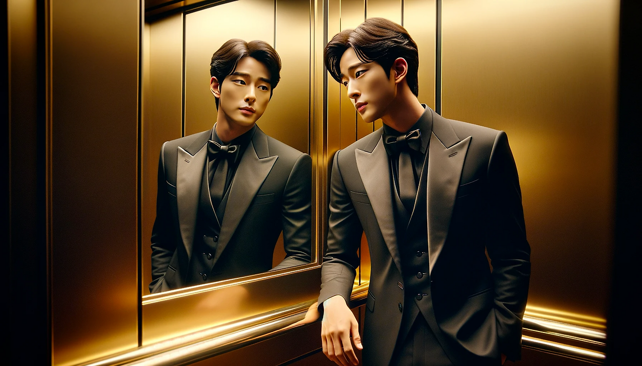 DALL·E 2024-06-12 11.10.00 - A scene inside a sleek, gold-colored elevator with the doors closed. Youngjin, dressed in a sophisticated black suit, is looking confidently at his ow.png