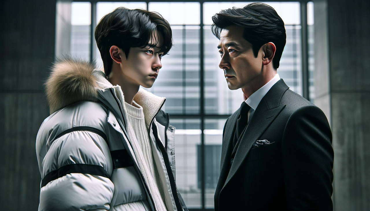 DALL·E 2024-06-12 11.02.00 - A dramatic scene where Youngjin, dressed in a white sweater with a winter padded jacket, is facing a young version of Chairman Kang-min in his mid-30s.png