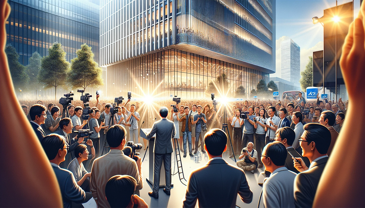 DALL·E 2024-06-12 09.39.16 - A lively scene in front of a modern building. The atmosphere is bright and animated with camera flashes going off like bursts of light. Journalists ar.png