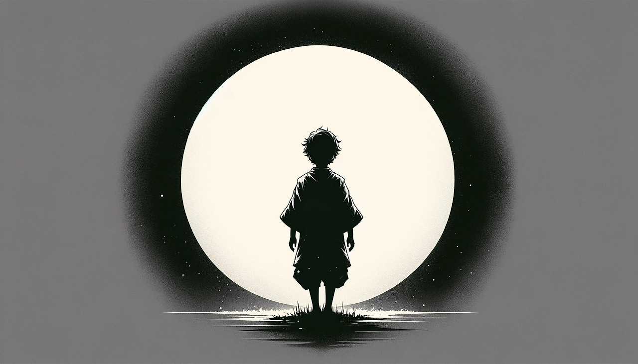 DALL·E 2024-06-06 11.45.14 - Create an illustration in the style of the provided image. The image should depict the back view of a young child-like deity standing alone, silhouett.png