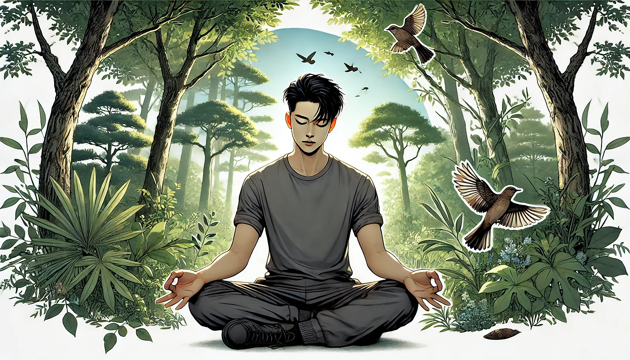 DALL·E 2024-06-20 09.12.41 - An illustration of Min-sung, a young Korean man with short black hair and sharp features, dressed in a gray short-sleeve t-shirt, meditating deeply as.png