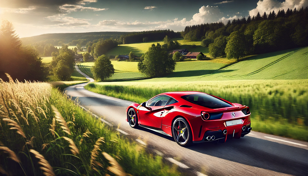 DALL·E 2024-06-21 14.18.15 - A red Ferrari speeding down a single-lane countryside road with dark-tinted windows, obscuring the interior of the car. The surrounding landscape is i.png