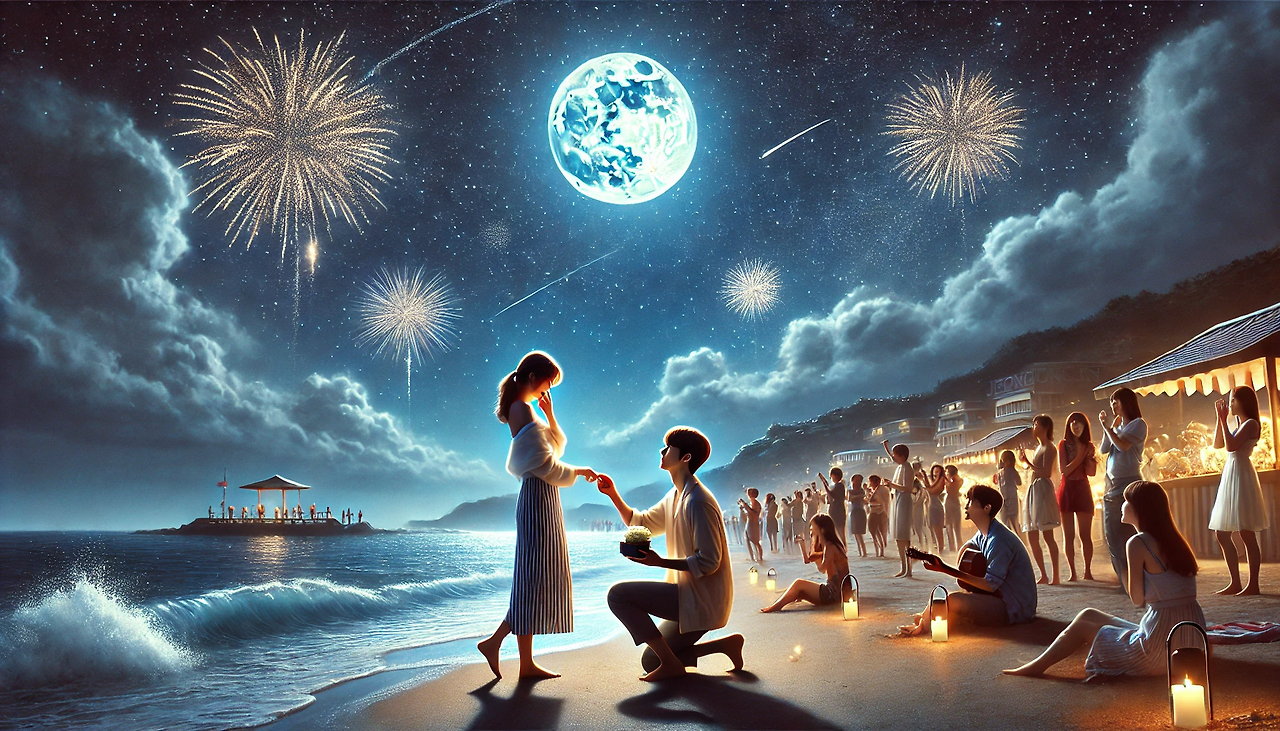 DALL·E 2024-06-20 08.44.52 - A romantic scene of a young Min-sung proposing to a young Eun-hee at Jeongdongjin beach at 2 AM. The beach is illuminated by a realistic moon and star.png
