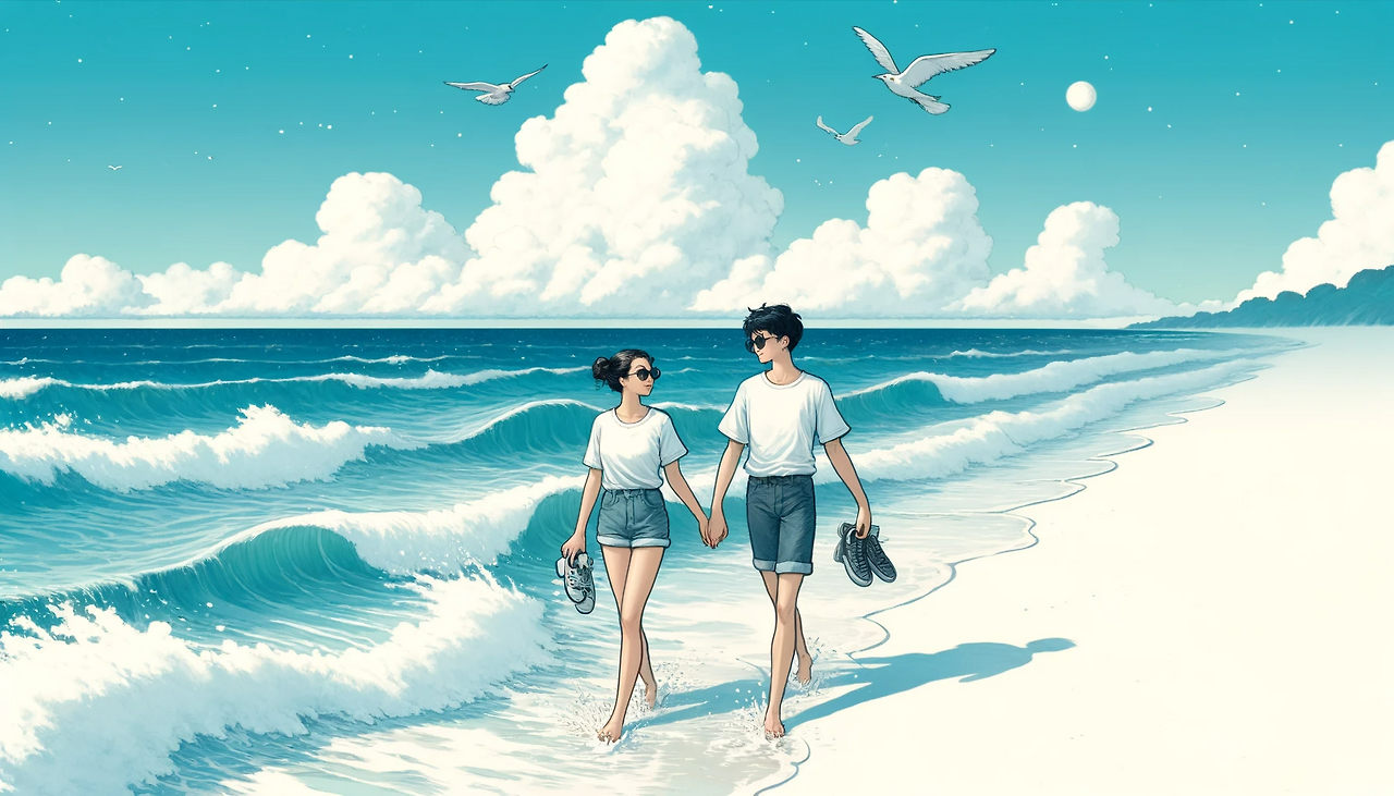 DALL·E 2024-06-07 12.25.44 - A beautiful scene of the East Sea on the first day of June. The sea is a dazzling azure, with waves gently washing ashore and splashing against the an.png