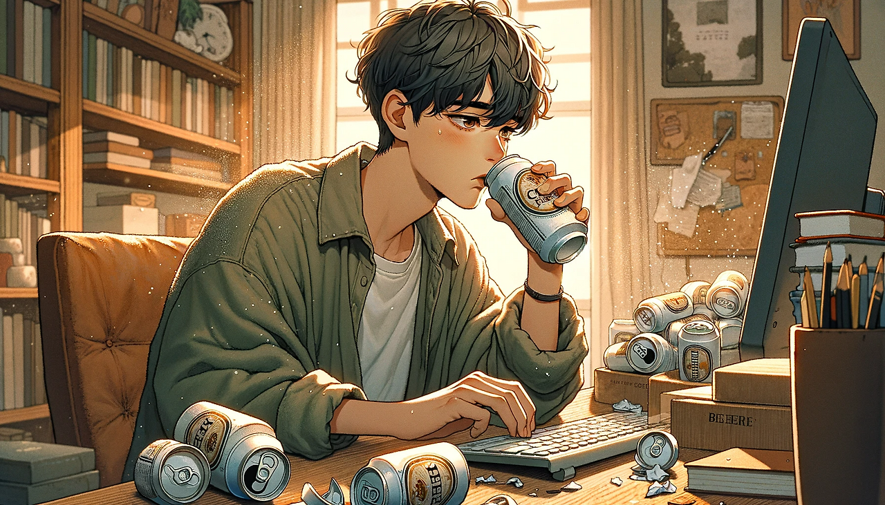 DALL·E 2024-06-08 09.38.09 - A cozy, emotional illustration in a 16_9 aspect ratio. Depict a young man in his mid-20s named Ife sitting at a desk, drinking a can of beer while rea.png