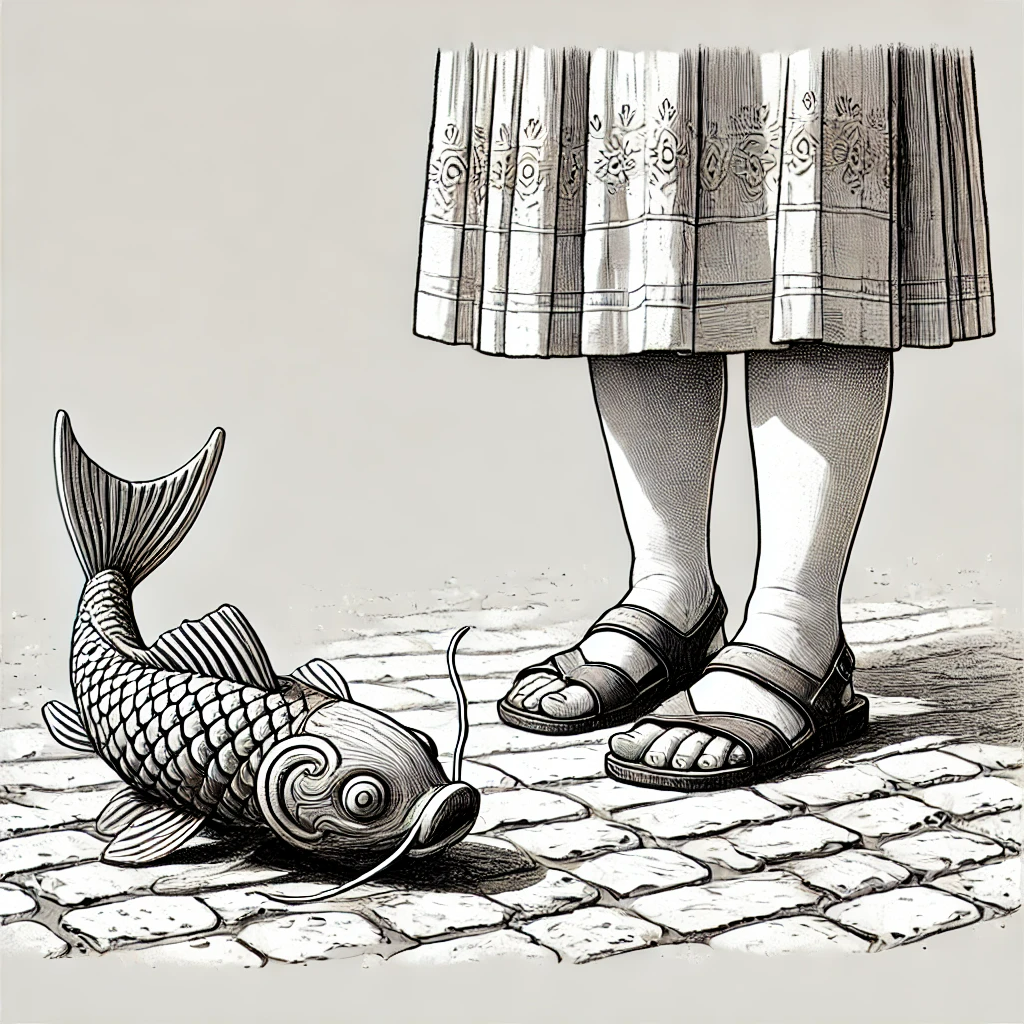 DALL·E 2024-06-25 10.52.14 - An emotional illustration in the style of 'The Little Prince' with plenty of white space. The scene depicts a traditional wooden Mok-eo (wooden fish) .png