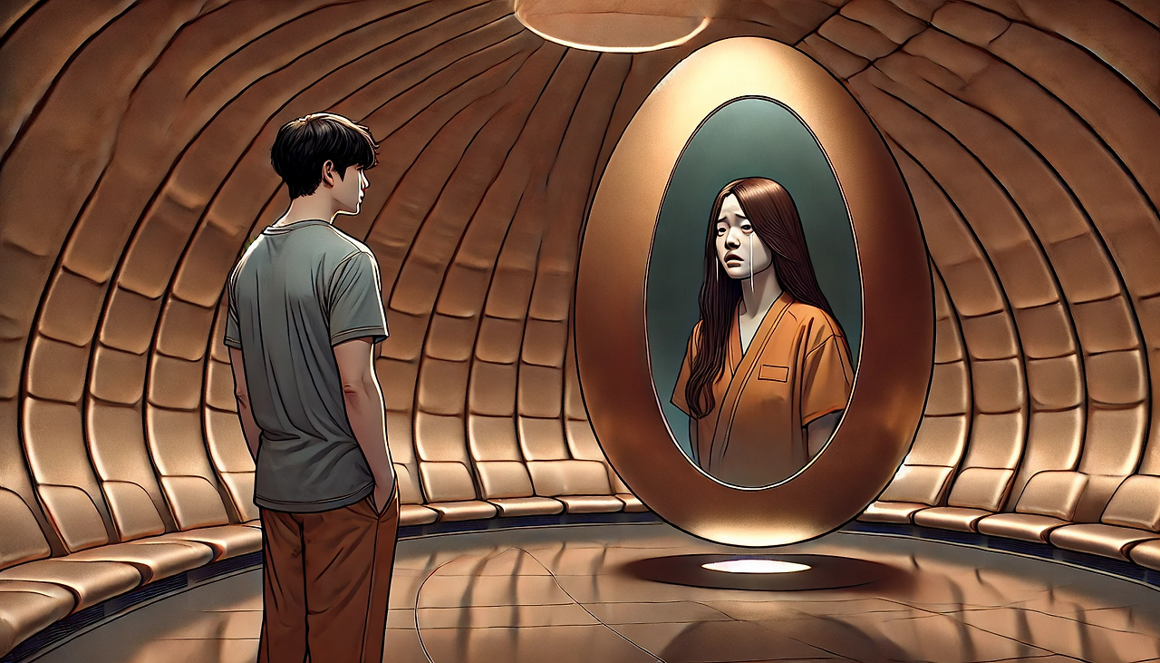 DALL·E 2024-06-20 13.36.35 - An illustration showing the interior of a sleek, egg-shaped room with smooth, seamless copper-colored walls and floor. There are no patterns or furnit.png
