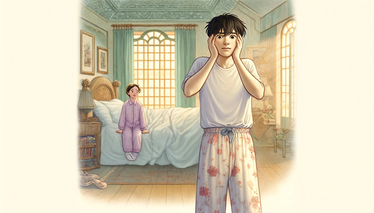 DALL·E 2024-06-08 14.21.47 - A scene from a novel in the style of 'The Little Prince' with a whimsical, emotional illustration style. In the scene, Ife, a young man in his mid-20s.png