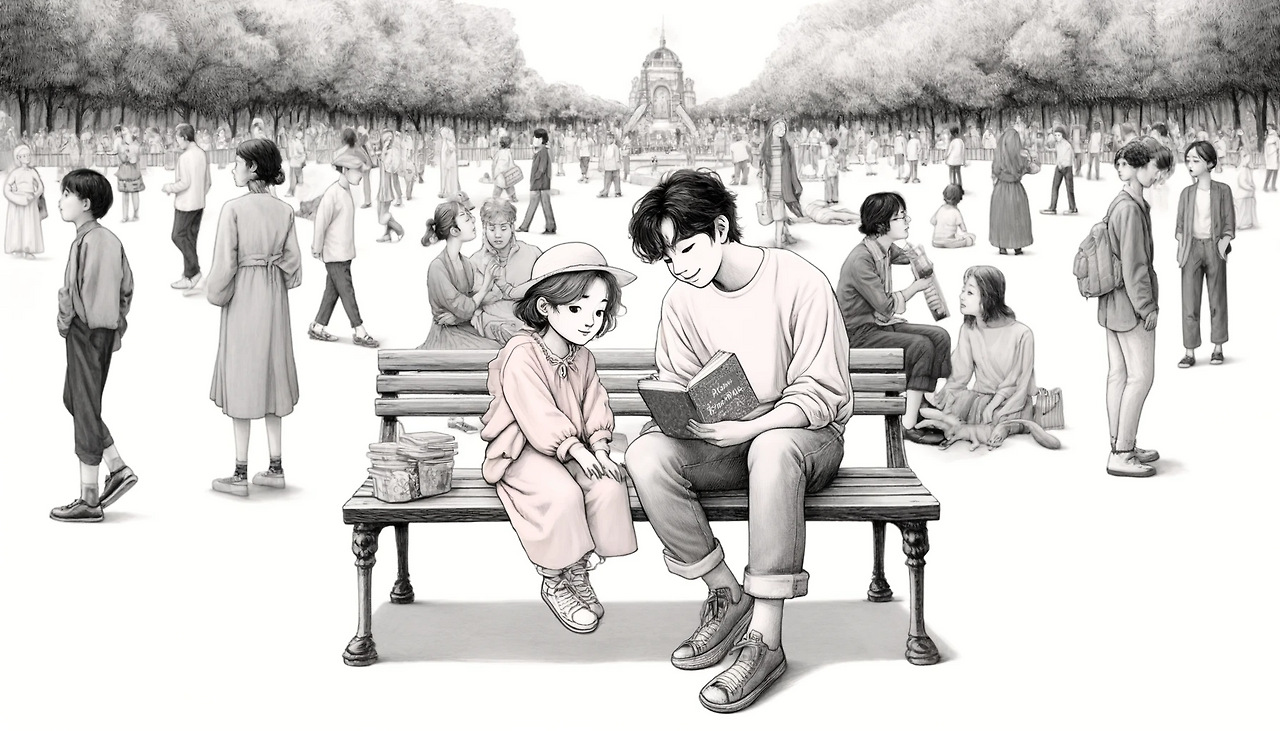 DALL·E 2024-06-07 22.30.46 - In a park with many people, there is a 9-year-old girl, Jinhee, sitting on a bench, showing a philosophy book to Ife who is sitting next to her. Jinhe.png