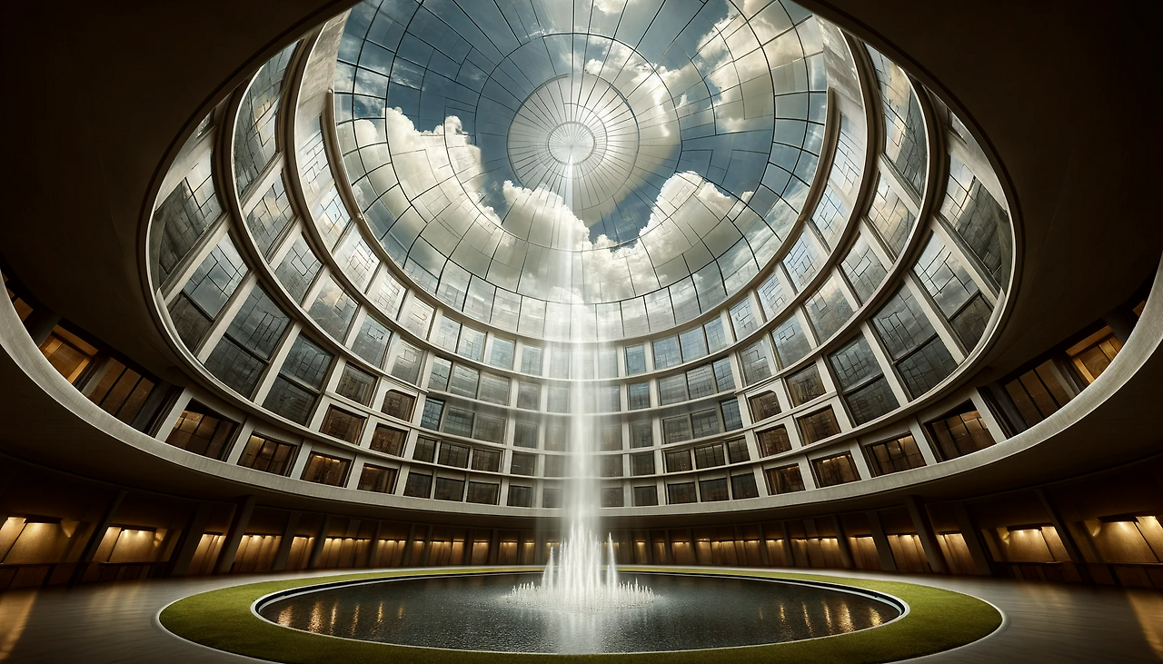 DALL·E 2024-06-11 13.03.15 - A view from a room deep underground, showing a high glass ceiling far above. The sunlight filters down, revealing a surreal sky that appears where the.png