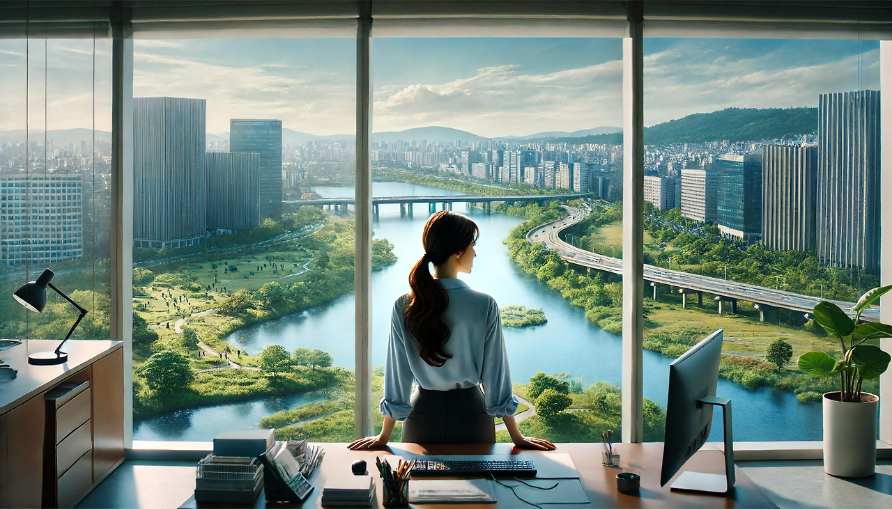 DALL·E 2024-06-17 13.55.53 - Eun-hee is seen from behind, standing in her office on the 10th floor, looking out of a large window. Outside the window, there is a vast view of Seou.png