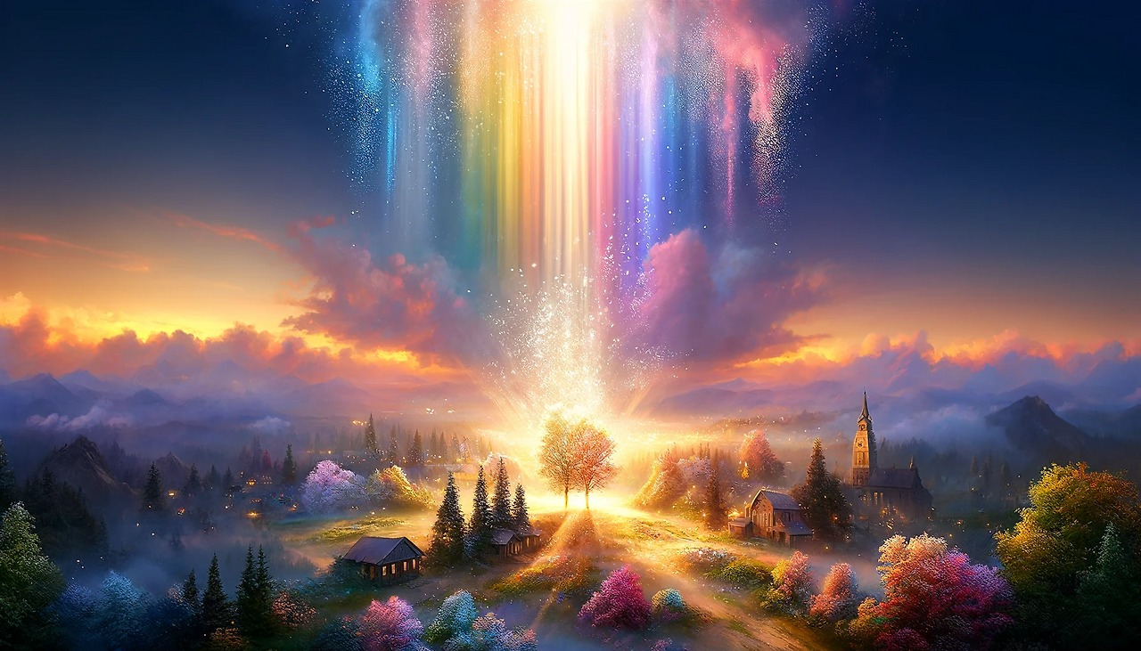 DALL·E 2024-06-06 13.09.47 - A beautiful scene where light descends from the sky like shimmering powder, coloring the world in rainbow hues. The light spreads across various lands.png