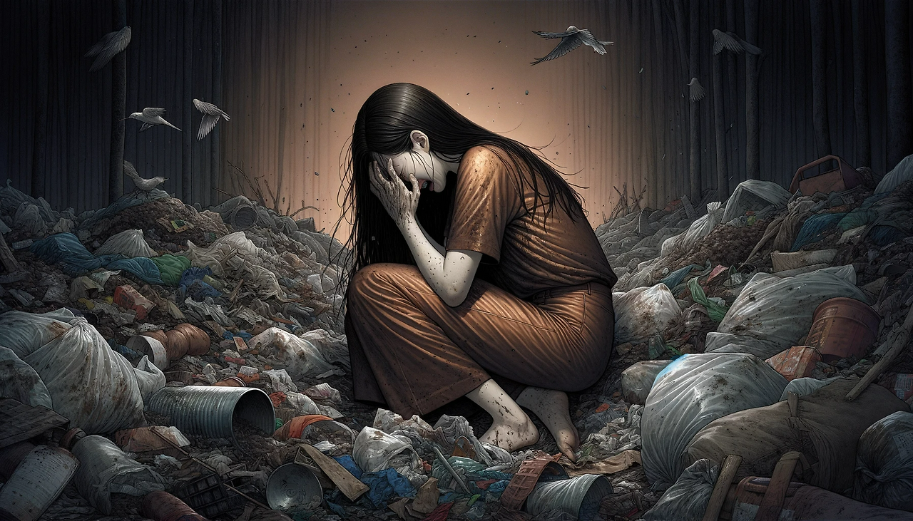 DALL·E 2024-06-20 09.37.40 - An illustration of Eun-hee, a young Korean woman with long black hair, dressed in a copper-colored short-sleeve t-shirt and matching copper-colored pa.png