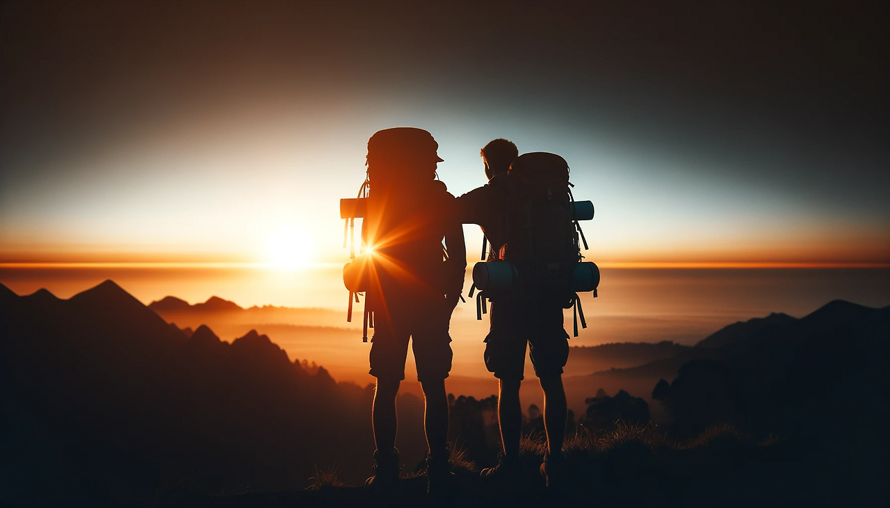 DALL·E 2024-06-06 13.00.38 - Silhouette of two backpackers with their arms around each other's shoulders, watching a sunrise. They are standing close together, with large backpack.png