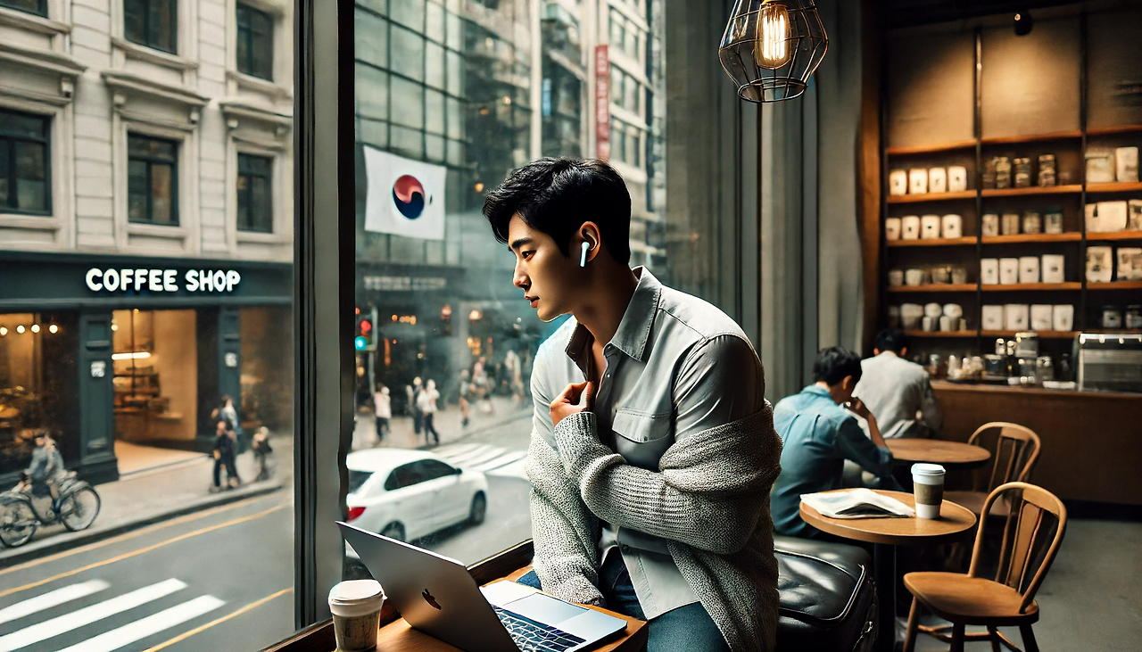 DALL·E 2024-06-16 22.12.48 - Inside a coffee shop on the 3rd floor, Minseong, a mid-30s Korean man with short black hair and an average build, feels a chill from the air condition.png