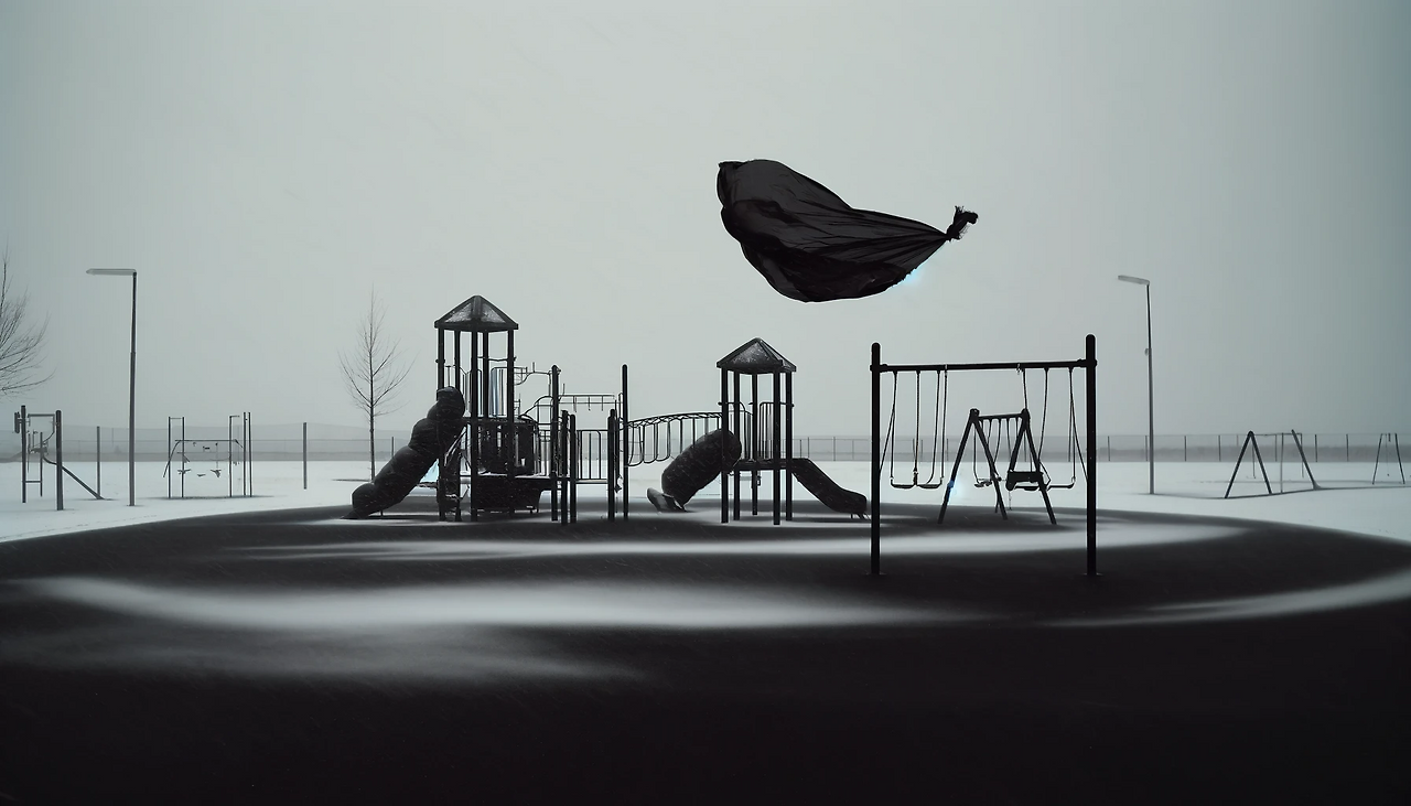DALL·E 2024-06-10 17.49.47 - A desolate outdoor playground in winter. The playground is empty and covered with a light dusting of snow, with a black plastic bag blowing in the win.png