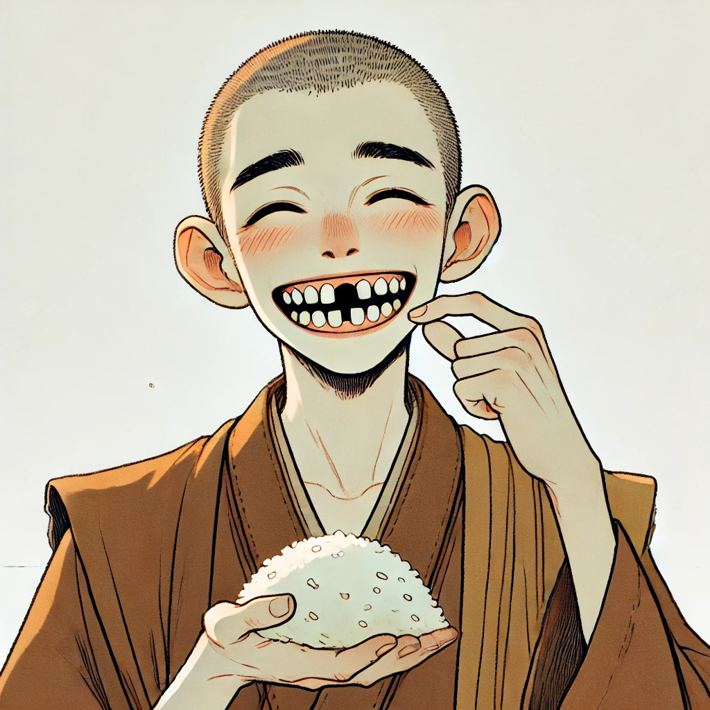 DALL·E 2024-06-24 09.43.07 - A 30-year-old monk named Mu-Mi, not too young in appearance and not too old, is smiling foolishly with several of his front teeth missing due to being.png